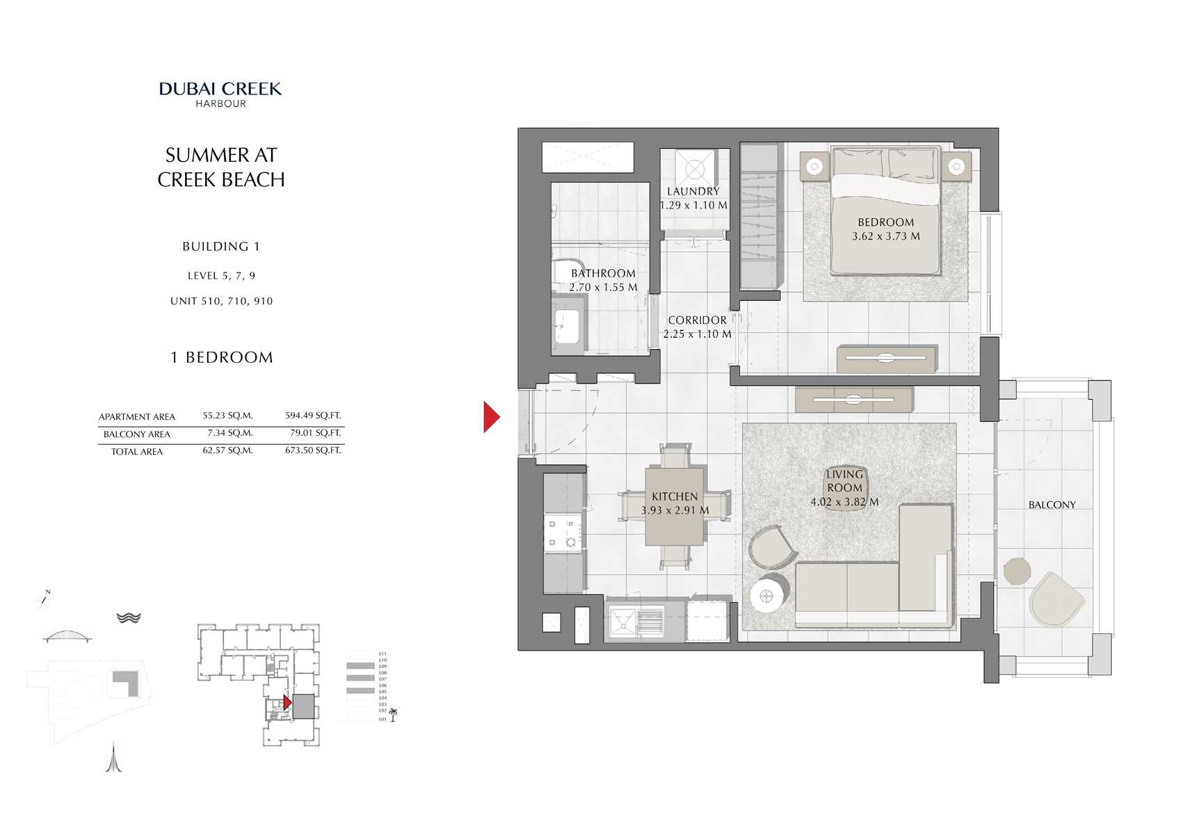 1 Br Building 1 Level-5-7-9 Unit 510-710-910, Size 673 Sq Ft